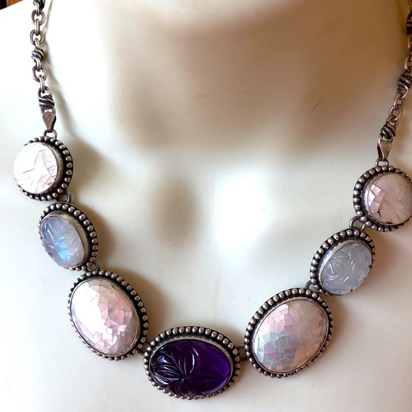 Sterling silver carved Amethyst  Moostone Mother of pearl necklace Italy